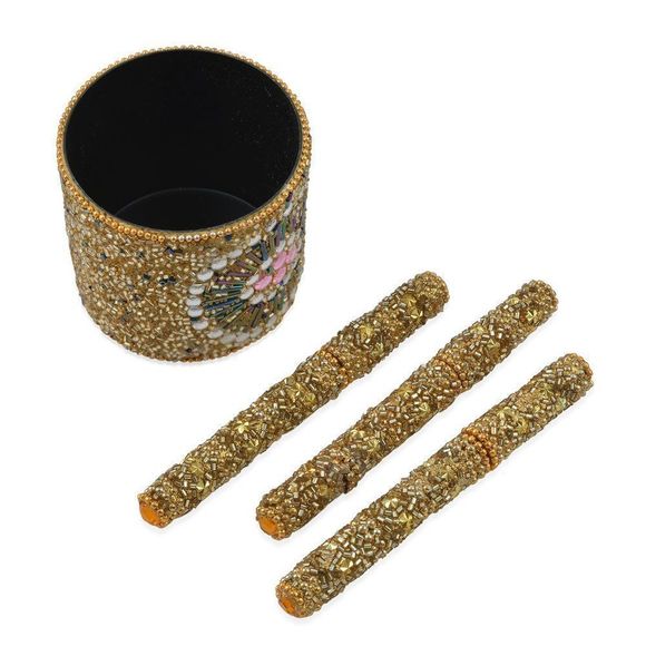Golden Floral Pattern Beaded Pens with Holder - Picture 1 of 4